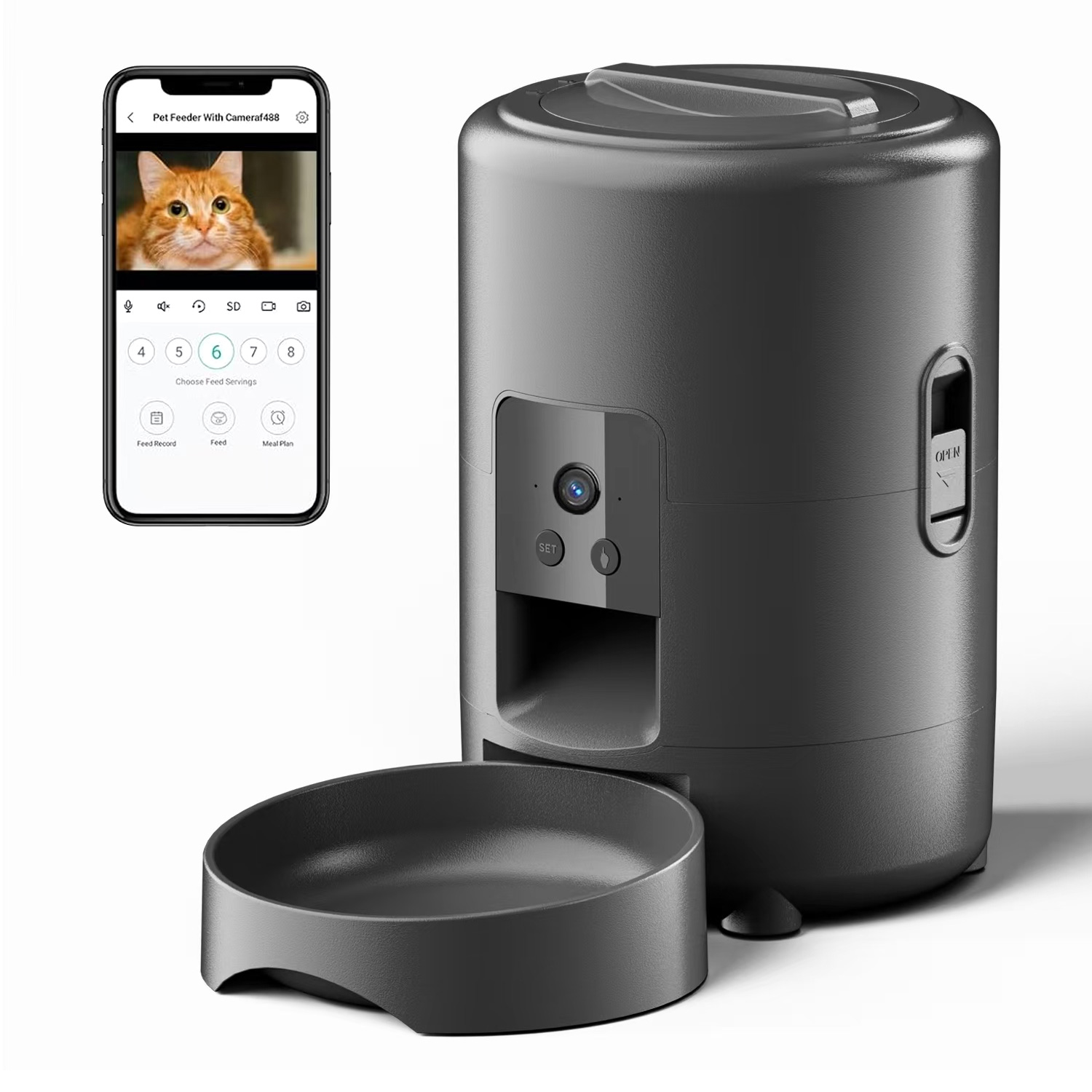 Kitchen Appliances Video - 2Lのプッシュボタン式Wi-Fiカメラ付きUSB自動給餌器。タイマー機能付きのスマート猫用給餌器、ゆっくりと餌を出すことができる犬用給餌器。ビデオ機能付きのペット用給餌器、フードボウル。
